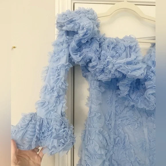 ASOS LUXE 3D Lace Ruffle Bardot Mini Dress in Blue - Picture 6 of 10